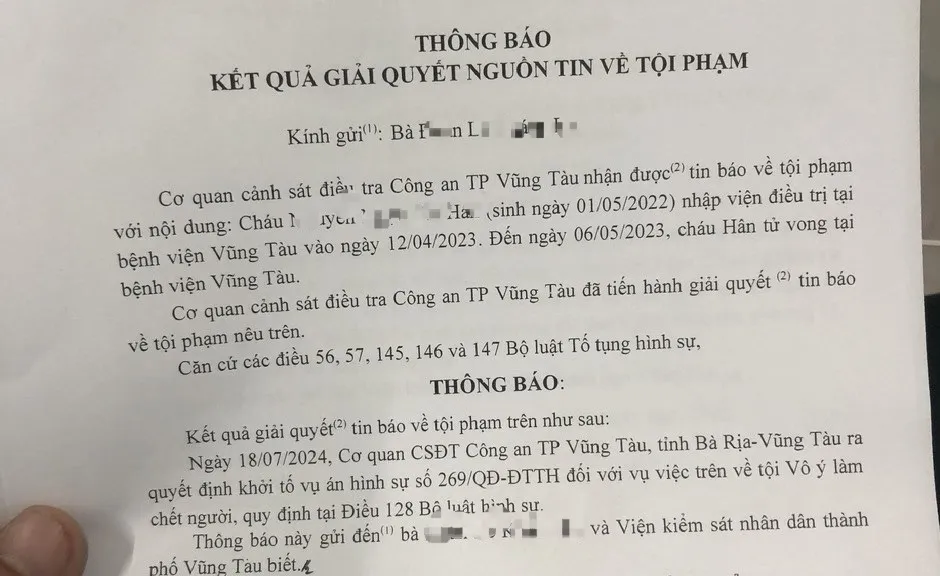 Thông báo của Cơ quan CSĐT công an TP Vũng Tàu về vụ bé 11 tháng tử vong Khởi tố vụ án bé 11 tháng tử vong bất thường ở Vũng Tàu