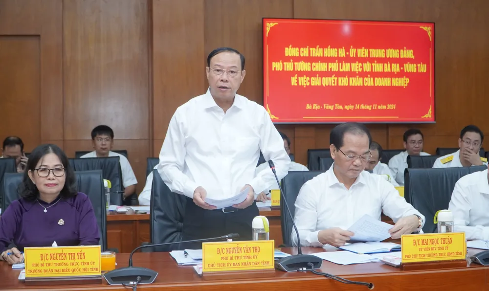 Ông Nguyễn Văn Thọ, Chủ tịch UBND tỉnh Bà Rịa - Vũng Tàu phát biểu tại buổi làm việc với Phó Thủ tướng Trần Hồng Hà. Ảnh: TK ong-Nguyen-Van-Tho.JPG