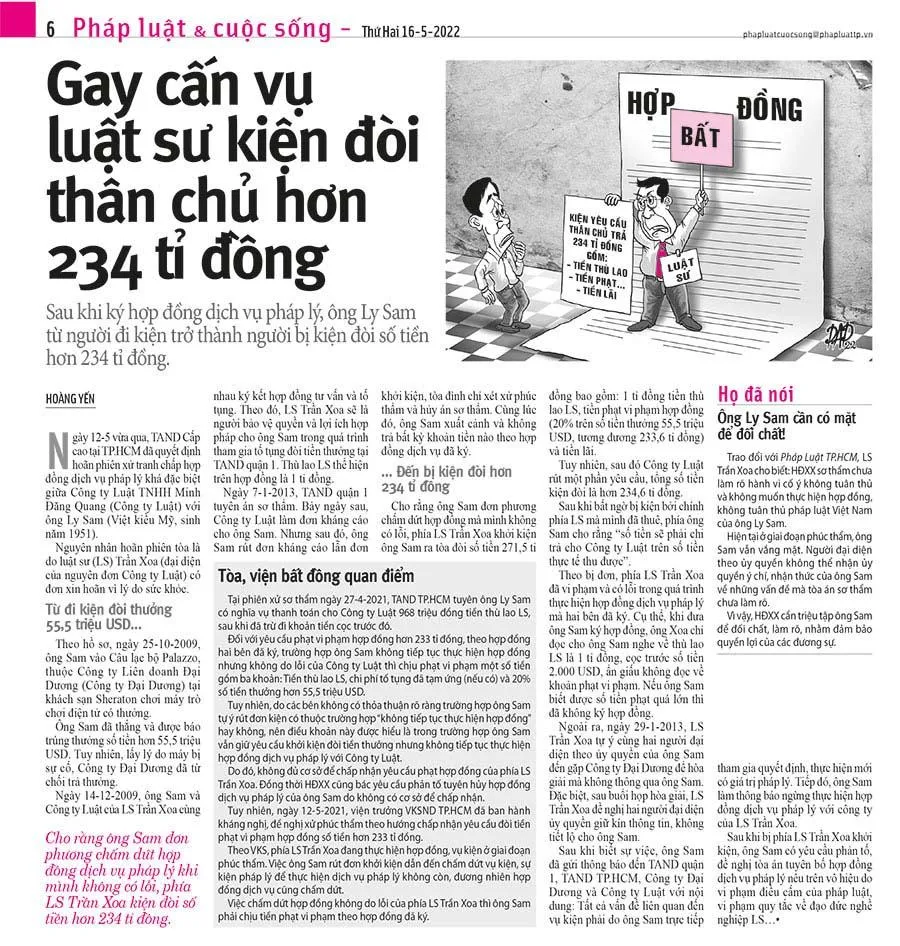 Pháp Luật TP.HCM đã thông tin về vụ tranh chấp hợp đồng dịch vụ pháp lý giữa Công ty Luật TNHH Minh Đăng Quang (Công ty Luật) với ông Ly Sam (Việt kiều Mỹ). Pháp Luật TP.HCM đã thông tin về vụ tranh chấp hợp đồng dịch vụ pháp lý giữa Công ty Luật TNHH Minh Đăng Quang (Công ty Luật) với ông Ly Sam (Việt kiều Mỹ).