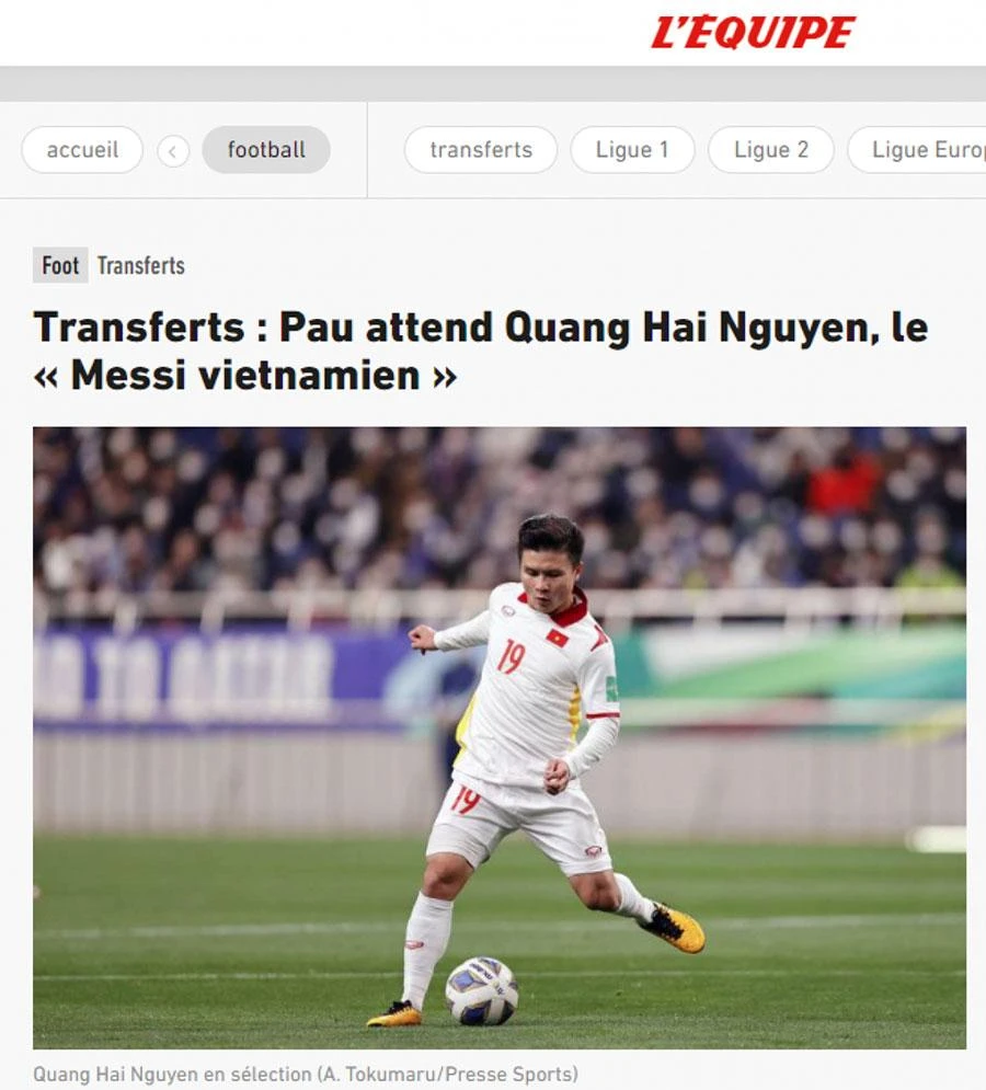 Tờ thể thao nổi tiếng của Pháp L’Equipe gọi Quang Hải là “Messi Việt Nam”. Ảnh: PAU FC