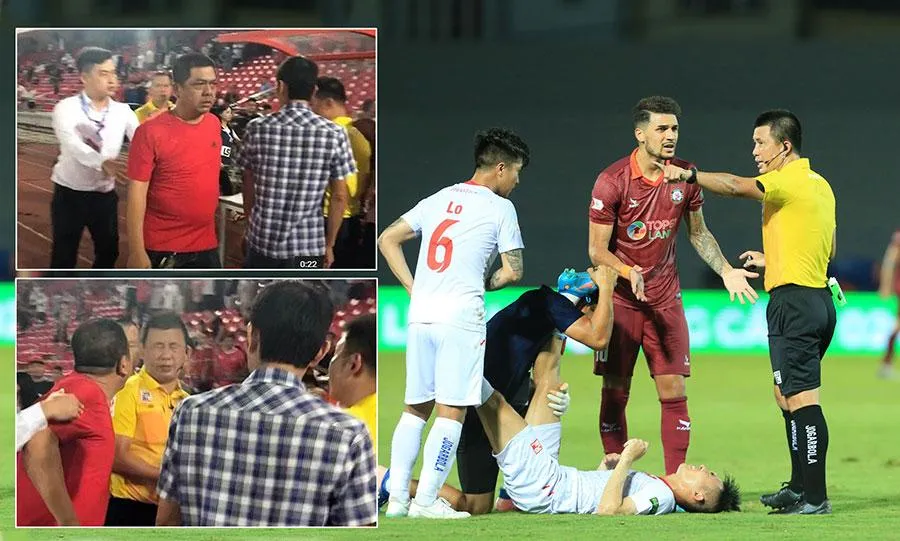 Trọng tài FIFA Hoàng Ngọc Hà hoàn thành nhiệm vụ nhưng vẫn bị xúc phạm, phun nước bọt ngay trước bàn ban tổ chức địa phương. Ảnh: ANH THỎA - CTV