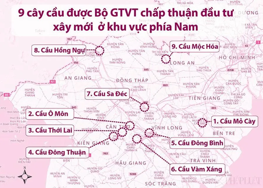Sơ đồ vị trí chín cây cầu được Bộ GTVT xây mới giai đoạn từ nay tới năm 2025. Đồ họa: HỒ TRANG