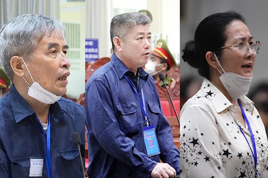 Bị cáo Phan Thanh Hữu (trái), bị cáo Nguyễn Hữu Tứ và bị cáo Trần Thị Thanh Vân tại tòa. Ảnh: VŨ HỘI