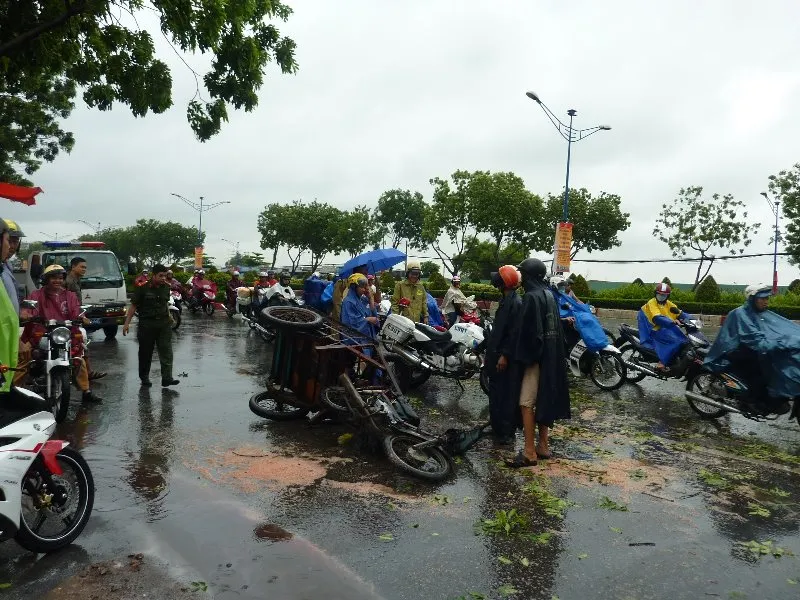 Chiếc xe ba gác bị cây đổ đè hư hại