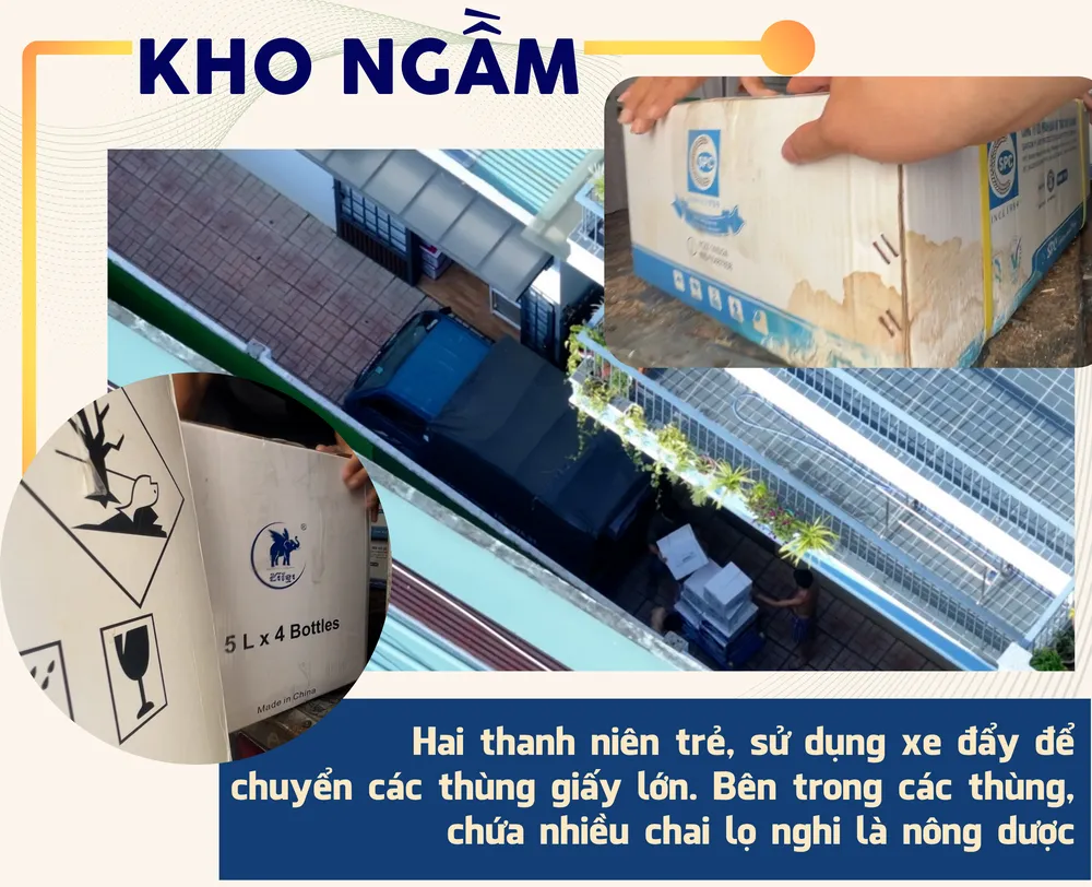 14. Hai thanh niên trẻ, sử dụng xe đẩy để chuyển các thùng giấy lớn xuống từ thùng xe. Bên trong các thùng, qua quan sát sơ bộ, chứa nhiều chai lọ nghi là nông dược.png