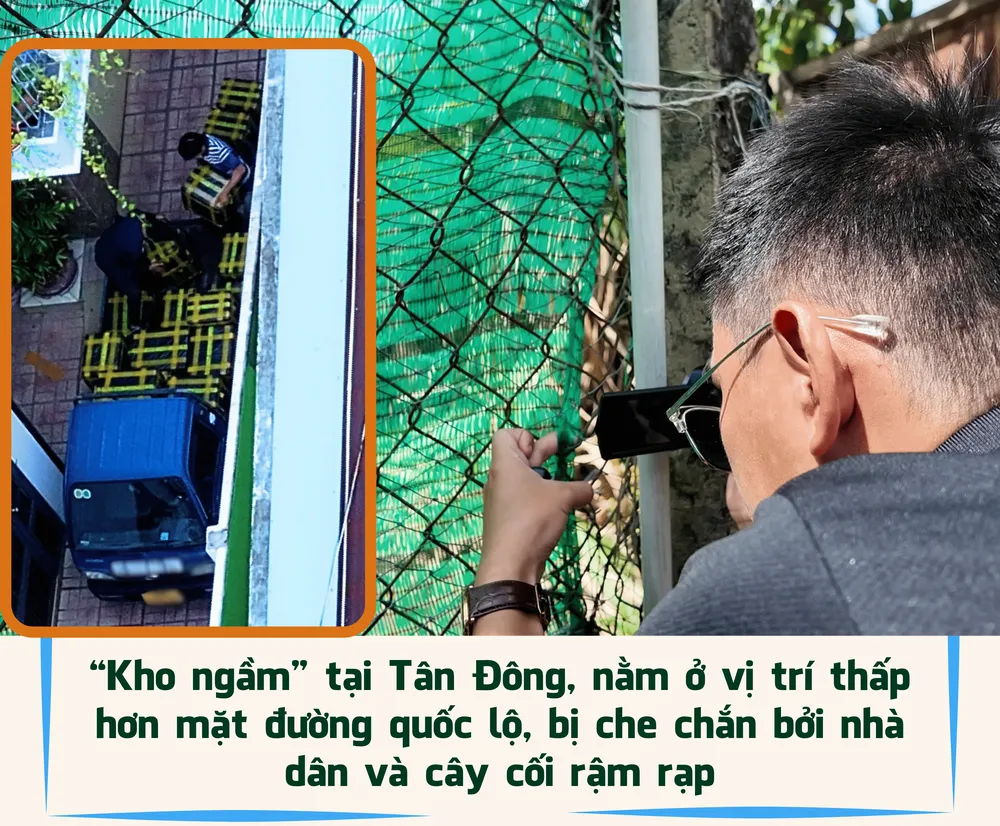 15. “Kho ngầm” tại Tân Đông, nằm ở vị trí thấp hơn mặt đường quốc lộ, bị che chắn bởi nhà dân và cây cối rậm rạp.png