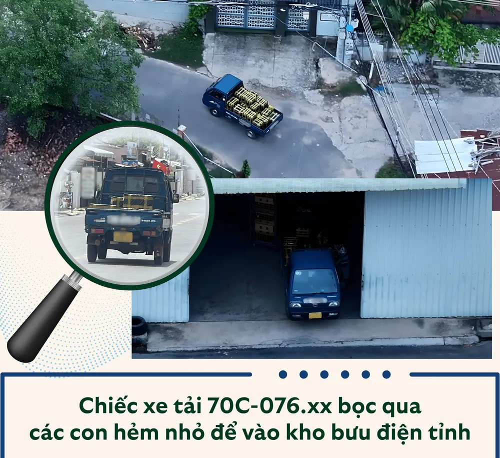 9. Chiếc xe tải 70C-076.xx bọc qua các con hẻm nhỏ để vào kho bưu điện tỉnh. Nhân viên bưu cục mở cửa cho xe vào và chuyển hàng vào bên trong kho.png