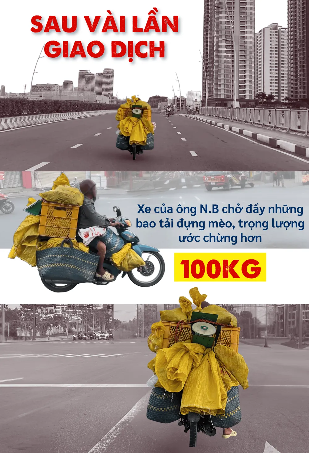 ẢNH GHÉP 6 - Sau vài lần giao dịch, xe của ông Bình chở đầy những bao tải đựng mèo, trọng lượng ước chừng hơn 100kg.png