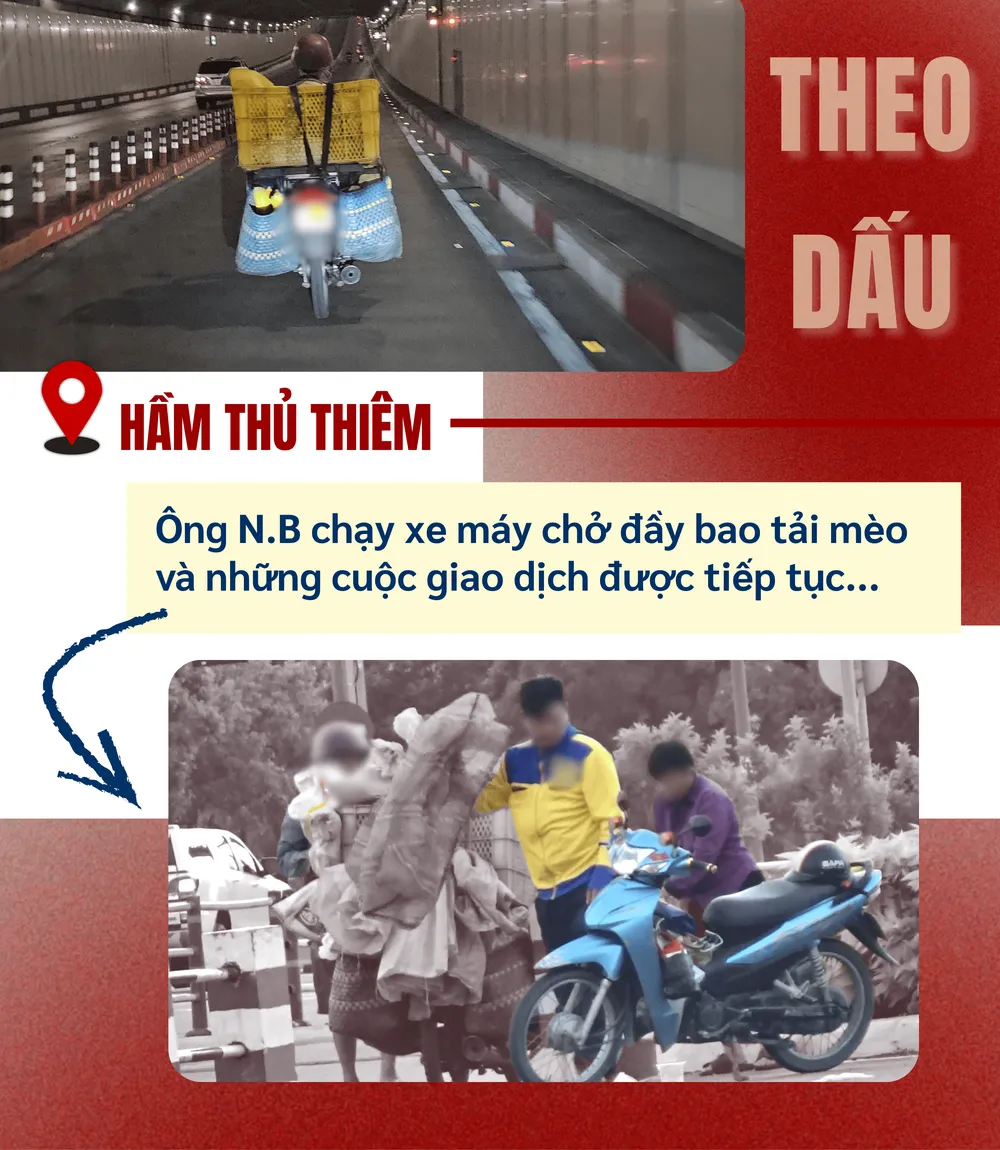 ẢNH GHÉP 8 - Ông Bình chạy xe máy (biển số được che kín) chở đầy bao tải mèo qua Hầm Thủ Thiêm và những cuộc giao dịch tiếp tục. + Kho tập kết của ông bình ở Thủ Đức (2 ảnh).png