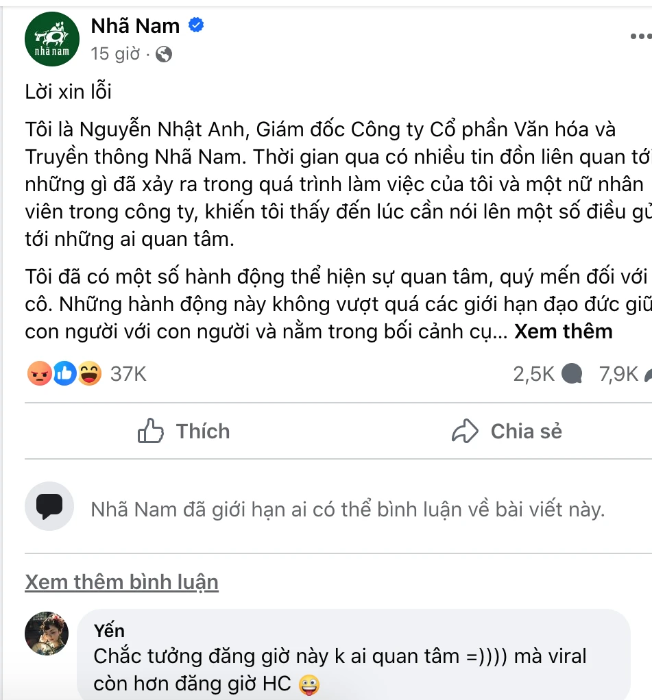 Nguyên văn bài viết của ông Nguyễn Nhật Anh, Giám đốc công ty Nhã Nam. Ảnh: Chụp màn hình Nhã Nam.png
