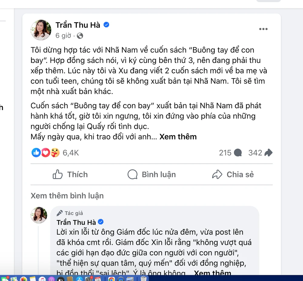 Bài đăng dừng hợp tác với Nhã Nam của tác giả Trần Thu Hà. Ảnh: Chụp màn hình. Screen Shot 2024-04-18 at 16.48.38.png
