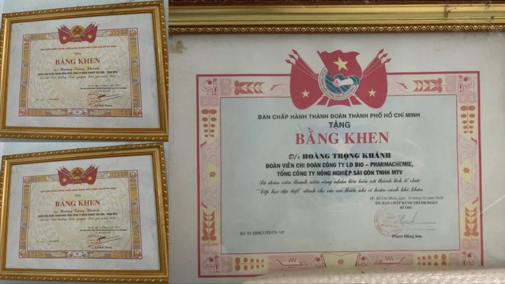 Anh Khánh được nhận bằng khen của Thành đoàn TP.HCM và của công ty về "Gương người tốt, việc tốt”. Ảnh: HẢI NHI BẰNG-KHEN-ANH-KHÁNH.jpeg