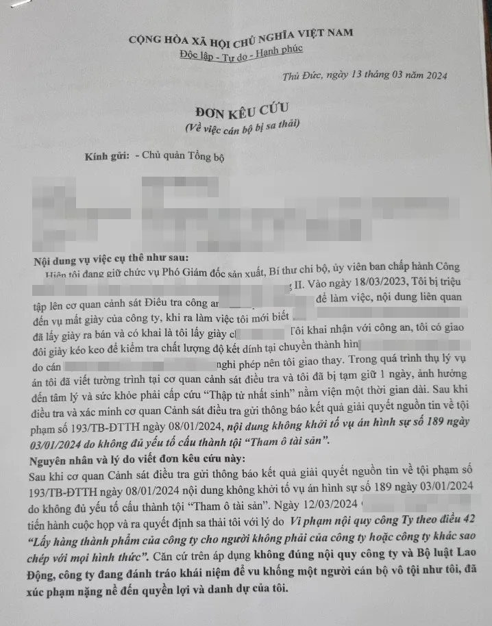 Chị T viết đơn kêu cứu để được giải quyết với chế độ nghỉ việc thay vì bị sa thải. Ảnh: NVCC Trung tâm Tư vấn pháp luật LĐLĐ