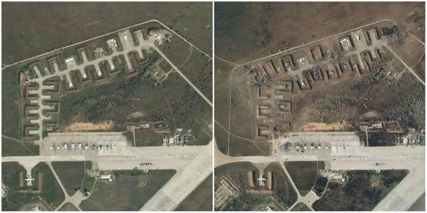 Ảnh vệ tinh cho thấy căn cứ không quân Saki của Nga trên bán đảo Crimea ngày 9-8 (trái) và ngày 10-8. Ảnh: Planet Labs/Reuters