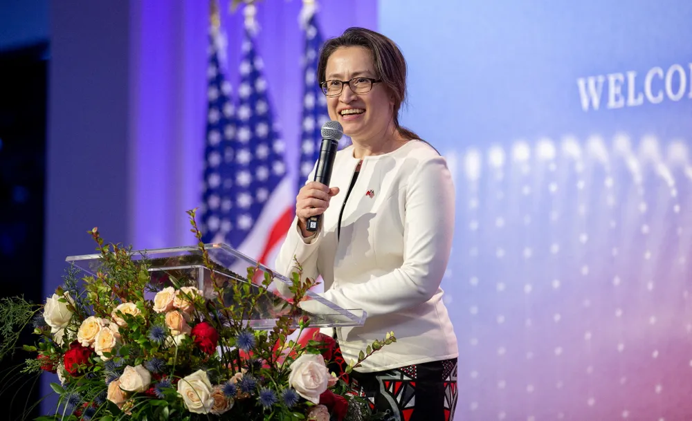 Hsiao Bi-khim, Taiwan's top representative in U.S., speaks during an event with Taiwan's President Tsai Ing-wen and members of the Taiwanese community, in New York