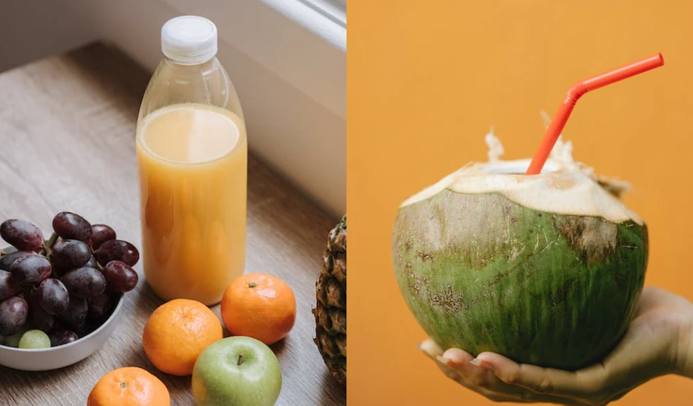 Nước dừa và nước ép trái cây đều chứa nhiều chất dinh dưỡng cần thiết có lợi cho sức khỏe.