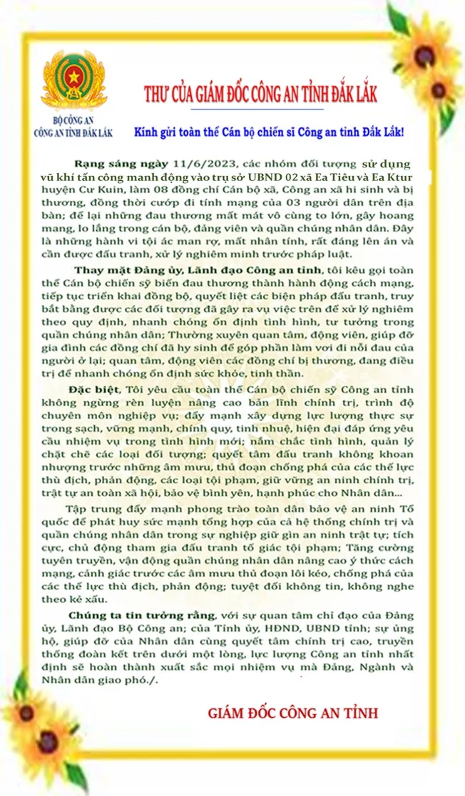 Thư của Giám đốc Công an tỉnh Đắk Lắk. Ảnh: CA tỉnh Đắk Lắk