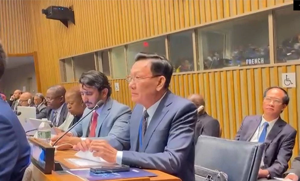 Thiếu tướng Phạm Ngọc Việt, Cục trưởng Cục An ninh nội địa Bộ Công an, phát biểu tại hội nghị do Liên Hợp Quốc tổ chức. Ảnh: Cổng TTĐT Bộ Công An