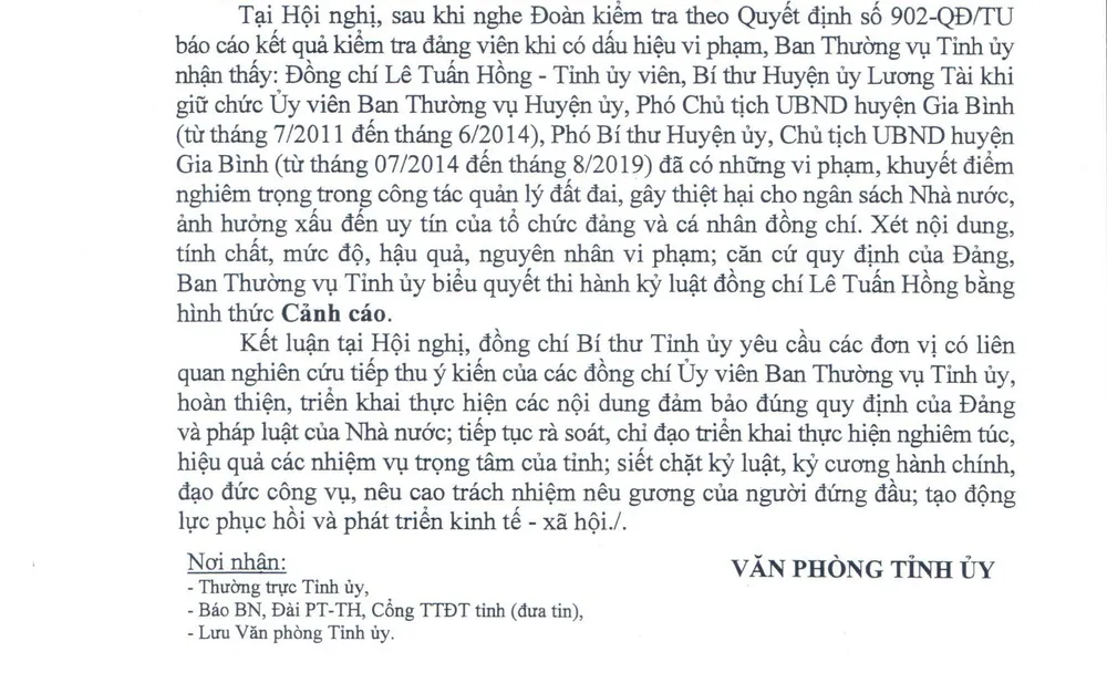 Kỷ luật cảnh cáo Bí thư Huyện ủy Lương Tài