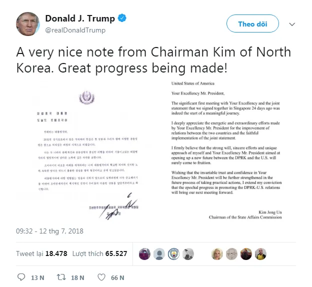 Ông Trump khen thư ông Kim ‘hay’ ảnh 1 Ông Trump khen thư ông Kim ‘hay’ ảnh 1