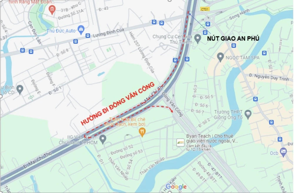 Lộ trình thay thế rẽ trái vào Đồng Văn Cống. Ảnh: BGT nut-giao-an-phu-17.jpg
