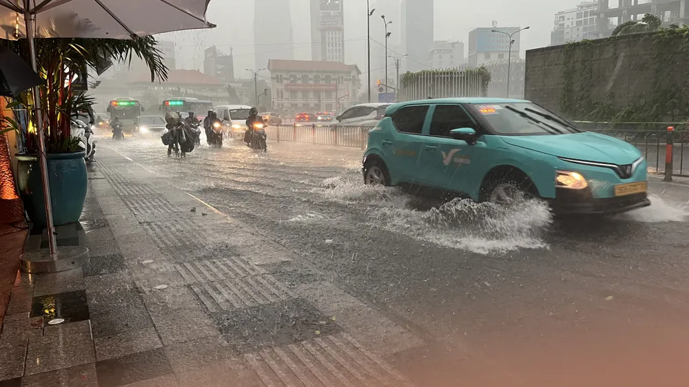 Đường lênh láng nước ở quận 1. Ảnh: ĐÀO TRANG cay-xanh-nga-do-5.jpg