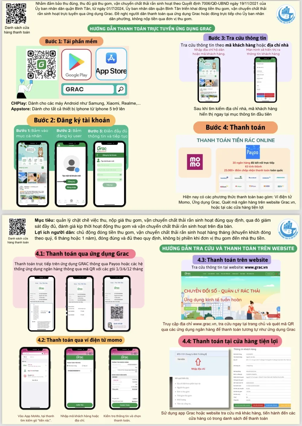 Hướng dẫn đóng tiền rác qua app. Ảnh: UBND quận Bình Tân đóng tiền rác
