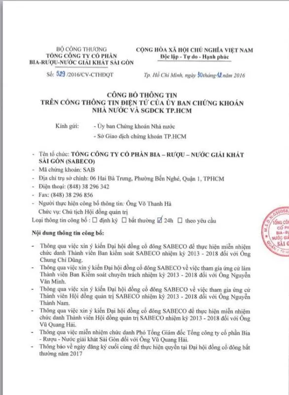 Sabeco gửi công văn về việc miễn nhiệm ông Vũ Quang Hải ảnh 1 Sabeco gửi công văn về việc miễn nhiệm ông Vũ Quang Hải ảnh 1