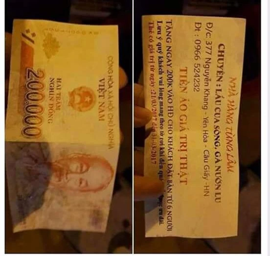 Tờ giấy quảng cáo độc lạ được nhà hàng ở Hà Nội tung ra.