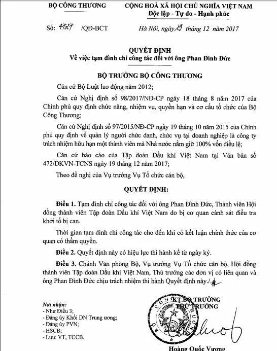 Bộ Công Thương tạm đình chỉ công tác ông Phan Đình Đức ảnh 1 Bộ Công Thương tạm đình chỉ công tác ông Phan Đình Đức ảnh 1