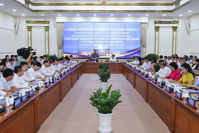 Thủ tướng Phạm Minh Chính làm việc với lãnh đạo chủ chốt TP.HCM về nhiệm vụ phát triển kinh tế - xã hội - Ảnh: VGP/Nhật Bắc Thủ tướng Phạm Minh Chính làm việc với lãnh đạo chủ chốt TP.HCM về nhiệm vụ phát triển kinh tế - xã hội - Ảnh: VGP/Nhật Bắc