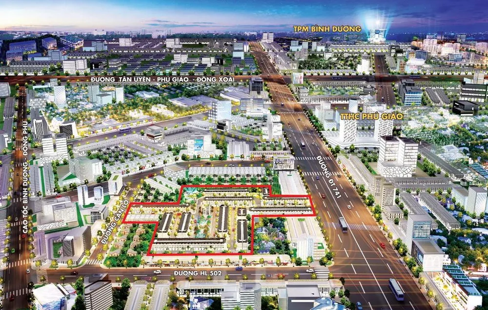 Phối cảnh 5F Stella, một dự án đầy đủ pháp lý nằm ngay trung tâm Phú Giáo, đang thu hút nhiều nhà đầu tư với giá chỉ 875 triệu đồng/sản phẩm kèm khuyến mãi tặng 1.000 USD, chiết khấu 10% và cơ hội trúng Toyota Camry, Honda SH…