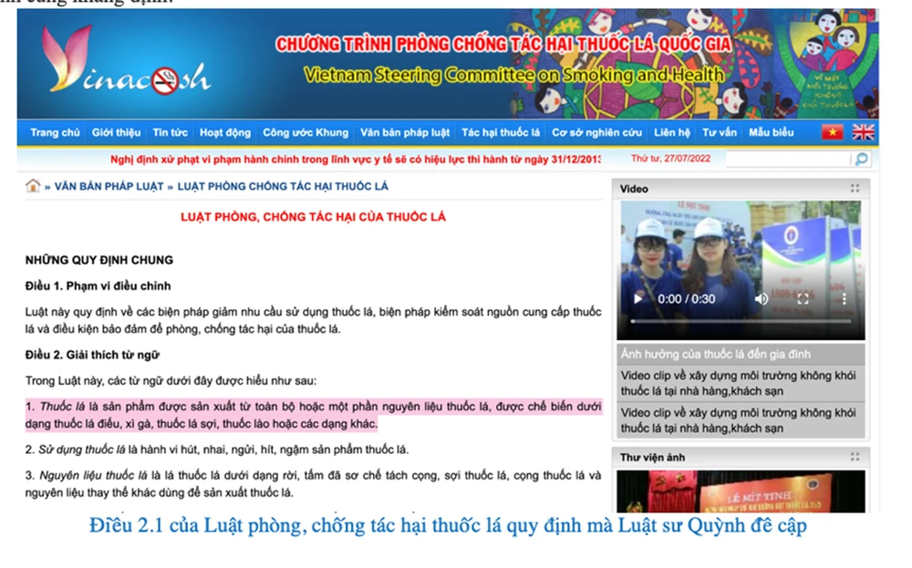LS Hải Quỳnh đề cập về quy định tại “Điều 2.1 của Luật phòng, chống tác hại thuốc lá”