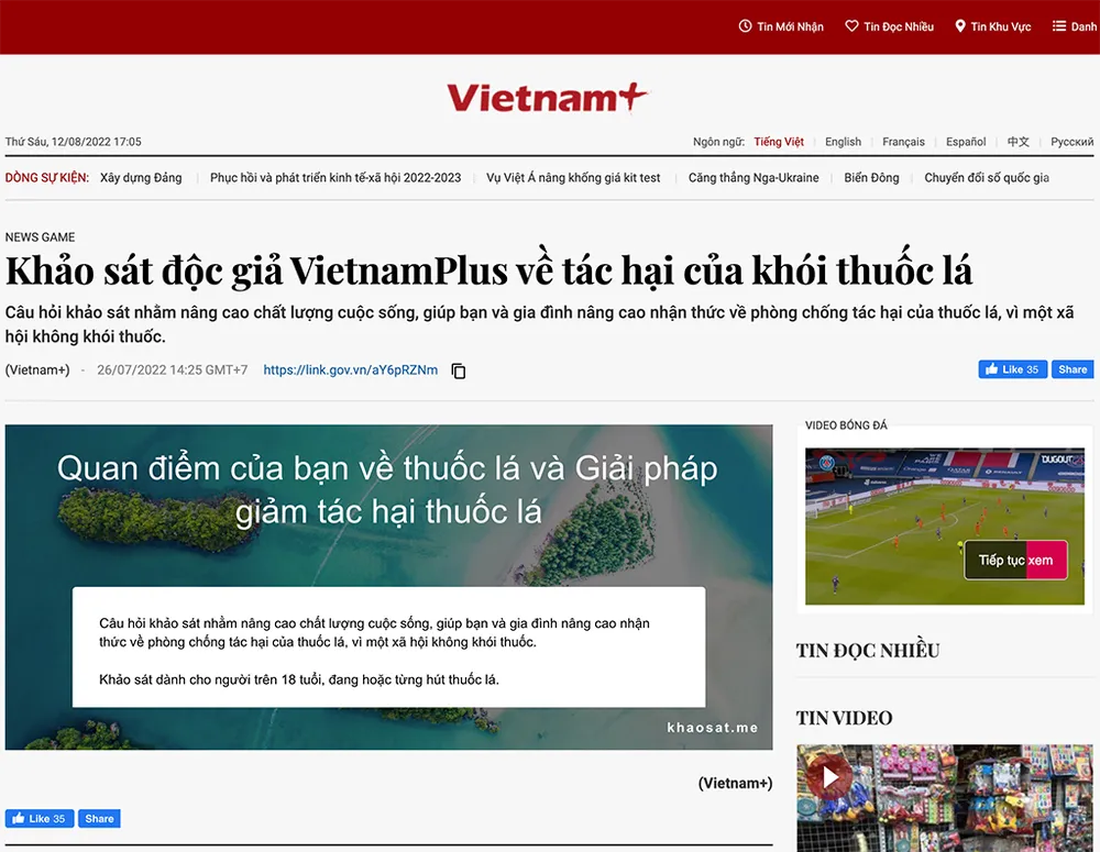 Khảo sát độc giả của VietnamPLus về tác hại của khói thuốc lá