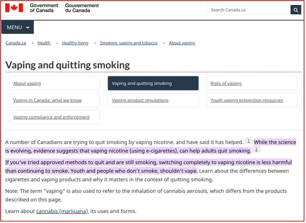 Công bố về sản phẩm giúp giảm tác hại thuốc lá trên website chính phủ Canada