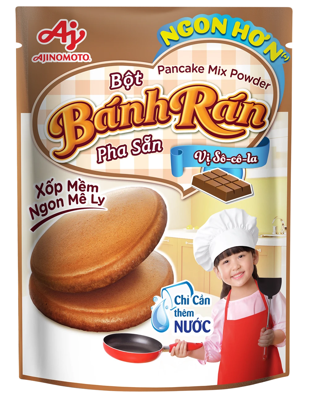 Bột bánh rán pha sẵn vị sô-cô-la với công thức cải tiến giảm vị đắng mới.