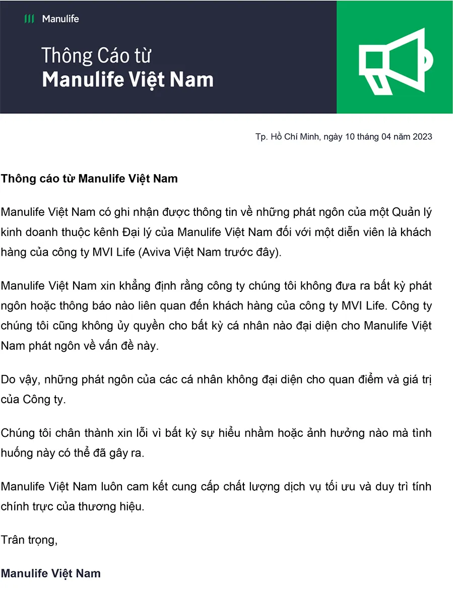Thông báo chính thức của Manulife Việt Nam.