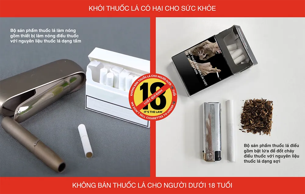 Bộ sản phẩm thuốc lá làm nóng (bên trái) và thuốc lá điếu truyền thống (bên phải).