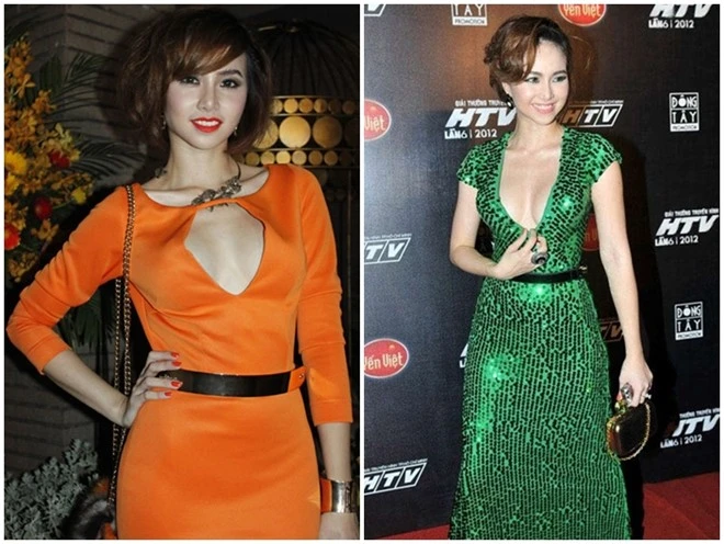 Không hổ danh là mỹ nhân có phong cách táo bạo bậc nhất Vbiz, Đinh Ngọc Diệp từng tạo chú ý với những bộ cánh có khoảng hở sâu rộng tại thân áo. Vào khoảng cuối năm 2012, nữ diễn viên Cô dâu đại chiến làm nóng showbiz khi xuất hiện với những thiết kế khoét sâu, táo bạo.