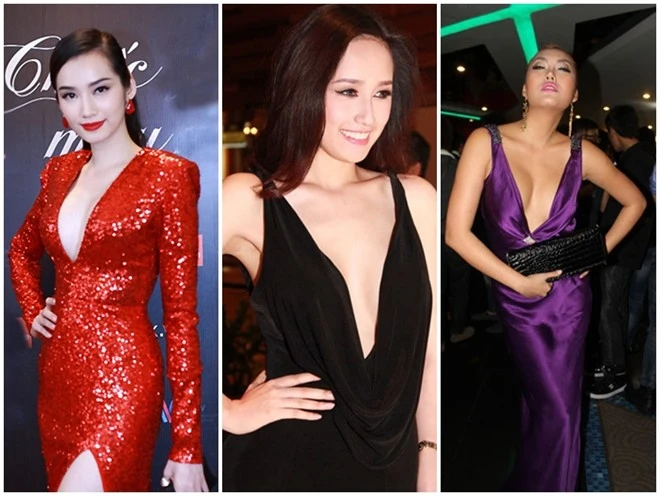 Trúc Diễm, Mai Phương Thúy, Phi Thanh Vân là những tín đồ ưa chuộng những kiểu cổ áo khoét sâu hút gợi cảm. Trong nhiều sự kiện, Trúc Diễm chọn cách phô diễn tế nhị, Mai Phương Thúy thanh lịch và chừng mực. Phi Thanh Vân luôn gắn liền với hình ảnh nóng bỏng.
