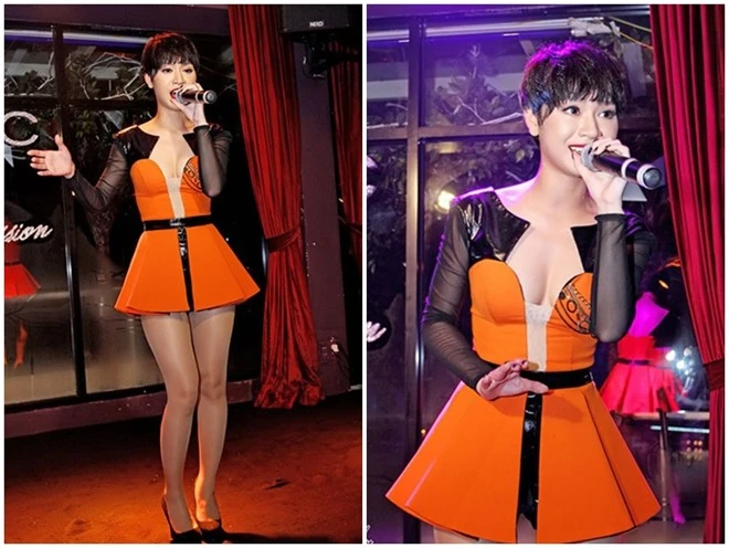 Nữ ca sĩ cá tính Trà My Idol ấn tượng với trang phục hiện đại, tông màu nổi bật, điểm nhấn khoét sâu tại cổ áo khá mới lạ và vô cùng quyến rũ.