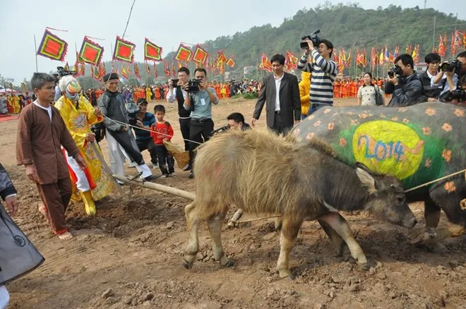 Cụ Tế (áo vàng, trái) đang đóng giả vua đi cày trong lễ hội Tịch Điền năm 2014. Cụ Tế (áo vàng, trái) đang đóng giả vua đi cày trong lễ hội Tịch Điền năm 2014.