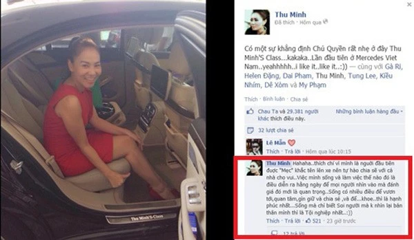 Thu Minh phản pháo trên trang cá nhân. 