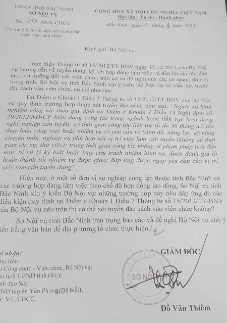 Vụ hàng trăm giáo viên mất việc: Bộ Nội vụ vào cuộc ảnh 2 Công văn xin ý kiến chỉ đạo của Bộ Nội vụ nhưng chưa được trả lời