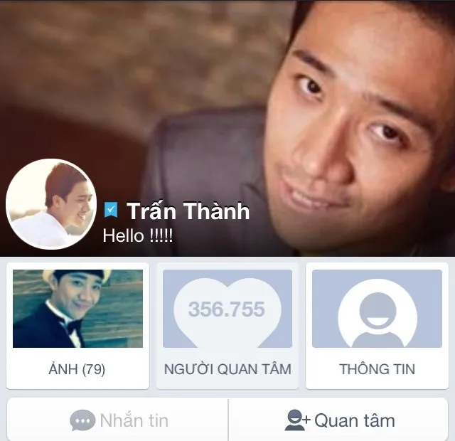 Trấn Thành cũng là một cái tên hot trên Zalo. Dù không thường xuyên cập nhật tình hình như các sao khác song mỗi lần anh đăng tải ảnh hay chia sẻ cảm xúc, các fan đều đua nhau bấm like và đưa ra nhiều bình luận. Trấn Thành có hơn 350 nghìn người quan tâm trên Zalo. Nhập mô tả cho ảnh
