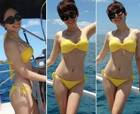 Tóc Tiên khoe vòng một nóng bỏng trong mẫu áo tắm màu vàng rực rỡ. Nhập mô tả cho ảnh