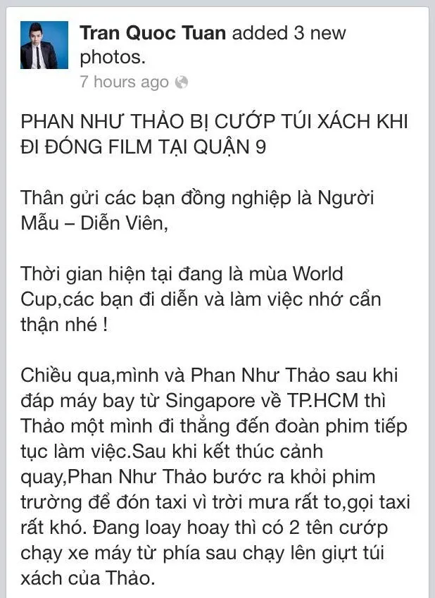 Quản lý của Phan Như Thảo chia sẻ sự việc cô bị cướp trên trang cá nhân. Quản lý của Phan Như Thảo chia sẻ sự việc cô bị cướp trên trang cá nhân.