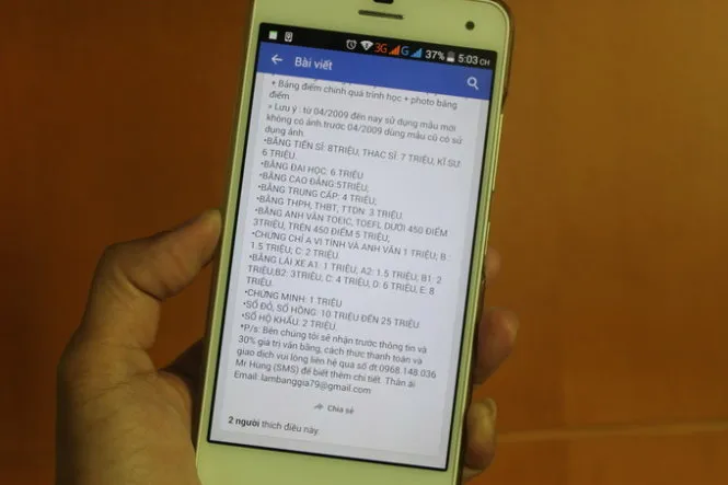 Bảng giá làm bằng giả được rao bán công khai trên mạng Facebook -Ảnh: Đ.Thiện