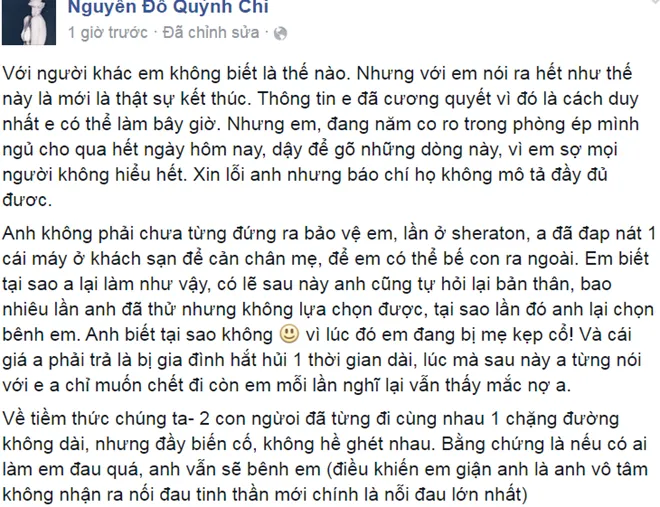 Dòng chia sẻ mới nhất của Quỳnh Chi viết về mâu thuẫn với đại gia Diệu Hiền. Quỳnh Chi: 'Hôn nhân của tôi không cứu vãn được nữa'