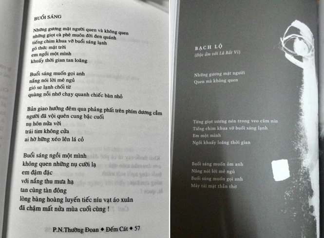 Bài thơ Buổi sáng củaThường Đoan in trong tậpĐếm cát (NXB Văn học xuất bản năm 2003) (trái) và bài thơBạch lộ củanhà thơ Phan Huyền Thưin trong tập thơSẹo độc lập(Nhã Nam & NXB Lao động ấn hành năm 2014)
